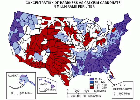 アメリカの硬水マップ